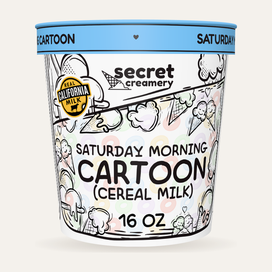 Secret Creamery Saturday Morning Cartoon (Cereal Milk) 16 oz pint — super premium ice cream — front