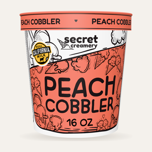 Secret Creamery Peach Cobbler 16 oz pint — super premium ice cream — front
