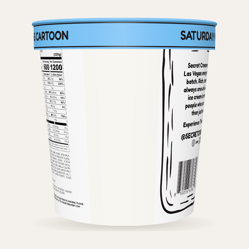 Secret Creamery Saturday Morning Cartoon (Cereal Milk) 16 oz pint — super premium ice cream — back