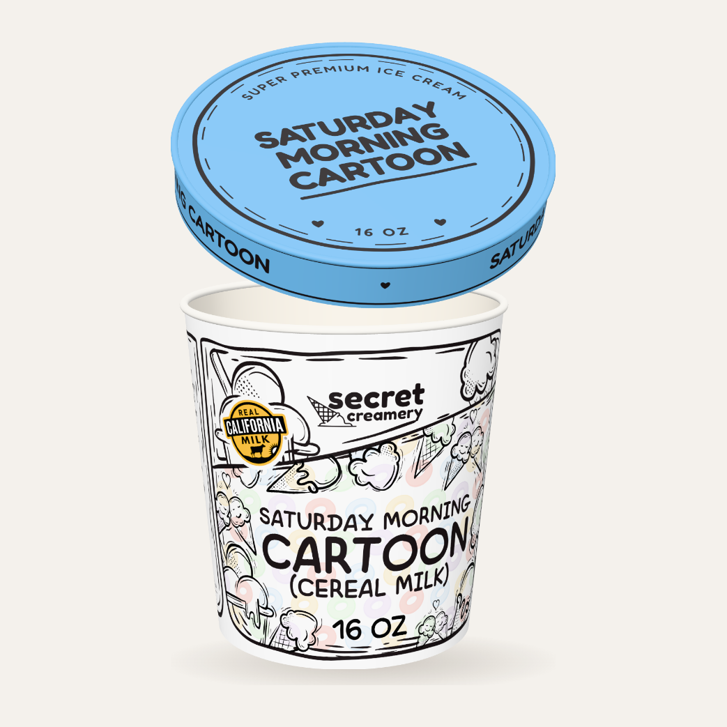 Secret Creamery Saturday Morning Cartoon (Cereal Milk) 16 oz pint — super premium ice cream — lid off