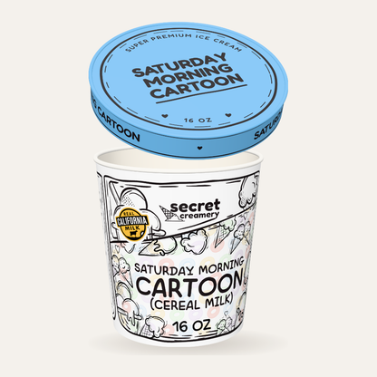 Secret Creamery Saturday Morning Cartoon (Cereal Milk) 16 oz pint — super premium ice cream — lid off