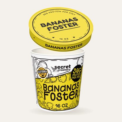 Secret Creamery Bananas Foster — High Protein 16 oz pint — high protein ice cream (30g protein) — lid off